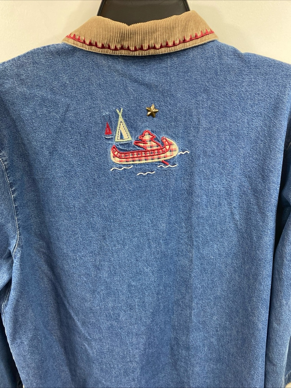 Vintage Denim Embroidered Jacket Camping Button Blue Cottagecore Gorpcore Large - Picture 8 of 10